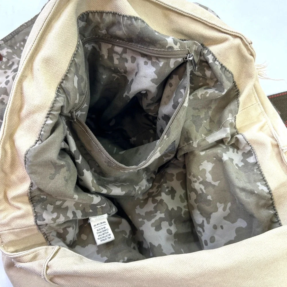 Old Navy Beige Canvas Messenger Bag Camo Lining Leather Tabs Distressed Adjustbl